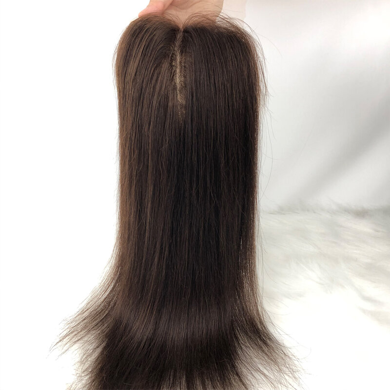Cierre de encaje superior de seda marrón oscuro para mujer, cabello humano brasileño Remy, Base de piel, Topper, recto, prearrancado, 12x12cm, 5 "x 5"