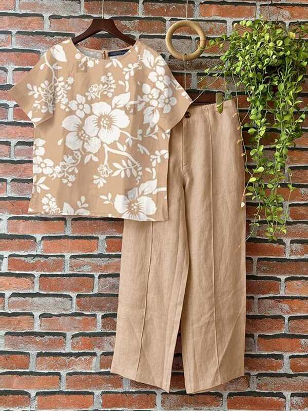 Letnie damskie eleganckie pasujące zestawy ZANZEA kwiatowe dresy 2 szt. Bluzki z krótkim rękawem spodnie w stylu Vintage zestawy spodnie robocze