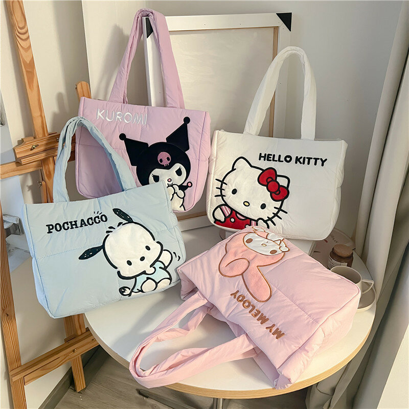 2024 nuova borsa Sanrio Cartoon Cute Down Fabric Kuromi Tote Bag Shoulder Pacha Dog Cute Stationery Bag borsa di grande capacità