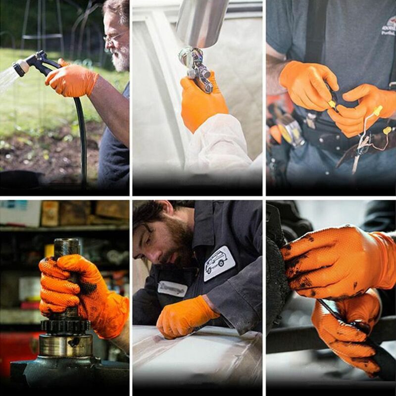 Sarung tangan reparasi otomatis nitril, 20 buah sarung tangan kerja antiselip tahan aus asam dan tahan Alkali, sarung tangan rumah tangga oranye hitam