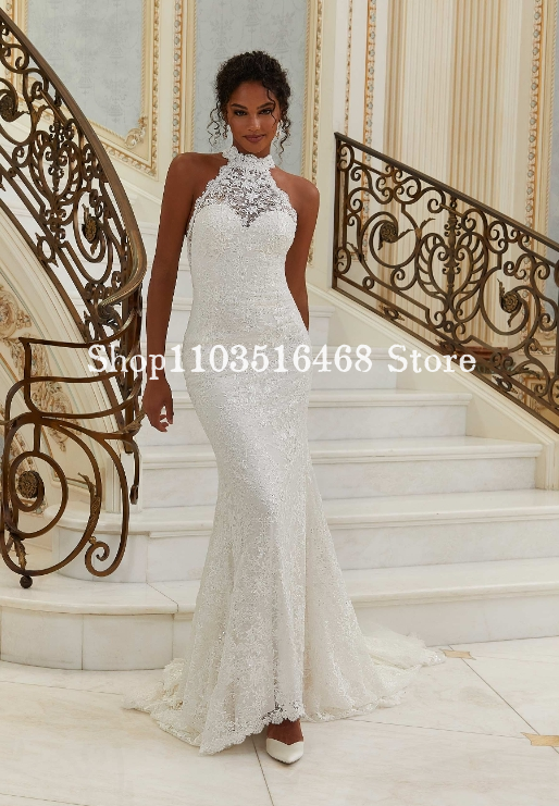 2024 빈티지 웨딩 드레스, 우아한 하이 넥 민소매 화이트 레이스 자수 베일, 인어 신부 가운