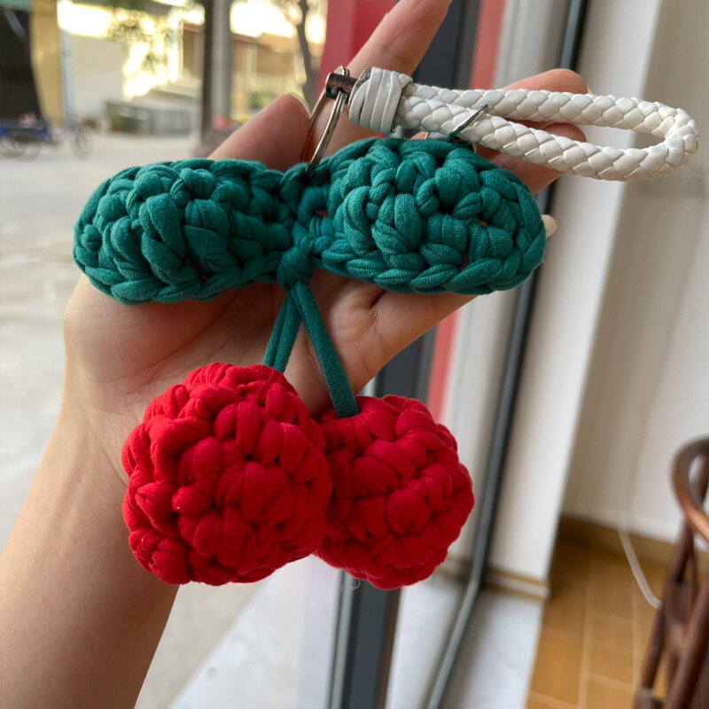 Hand Woven Cherry Key Chain Pendant Car Indoor Ornament Keyring Pendant Bag Mobile Phone Weaving Small Pendant Gift Accessories