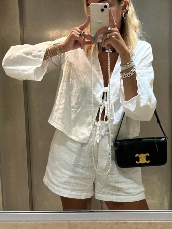 Einfache weiße Schnür bluse Sommer V-Ausschnitt Langarm lässig All-Match dünne Bluse Frauen 2024 neue elegante Mode Shirts Tops