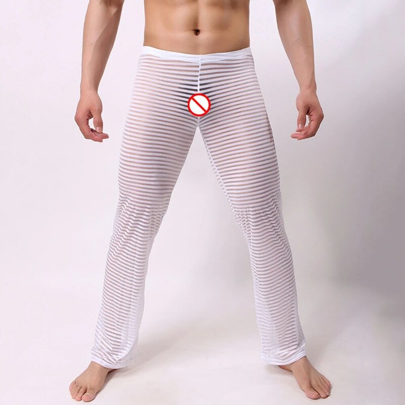 Sheer męskie siatkowe spodnie od piżamy luźne długie spodnie seksowna męska przezroczysta bielizna ultra-cienka jednokolorowa na co dzień spodnie domowe 2022