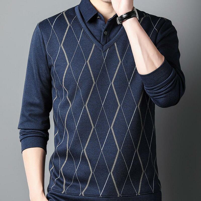 Suéter de dos piezas con estampado de rombos para hombre, Jersey de punto cálido, ajustado, para mediana edad, Otoño e Invierno