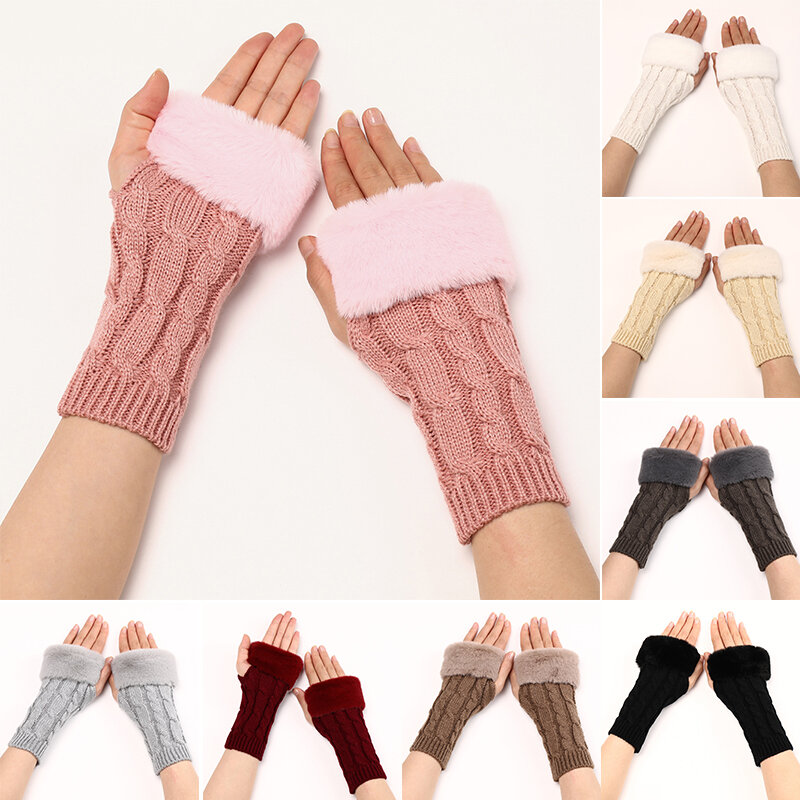 Inverno metade do dedo luvas para as mulheres quentes luvas de pele do falso mão menina braço aquecedores de tricô luvas ocas unisex sem dedos
