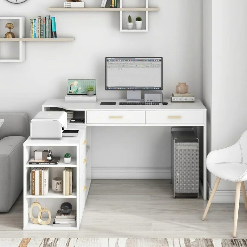 Escritorio en forma de L de 55 pulgadas con armario de almacenamiento, escritorio de computadora para uso doméstico y de oficina, escritorio de oficina con 5 cajones