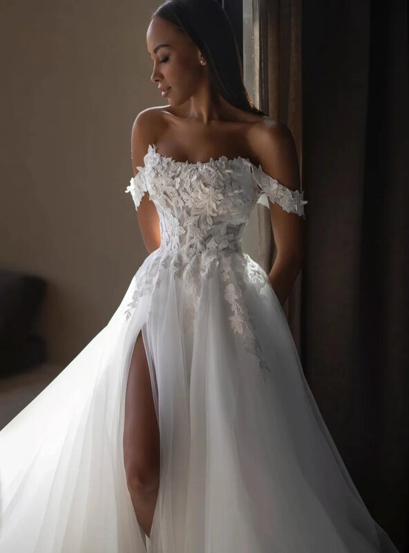 Hermoso exquisito vestido de novia sin mangas con hombros descubiertos de sirena, encaje de abertura alta, Sexy, sin espalda, elegante, escote corazón