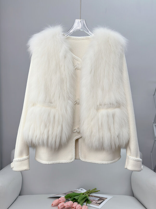 Casaco de lã dupla face para mulheres, casaco curto juvenil, capim peludo, 2 conjuntos, outono e inverno, 2023