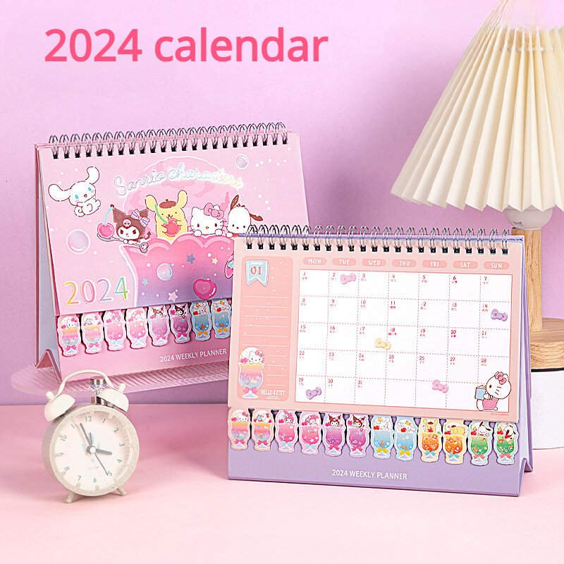 1Pc 2024 New Calendar Standing Weekly Plan Self Disciplined Clock in Coil Calendar Desktop Decoration Cartoon Cute New Calendar