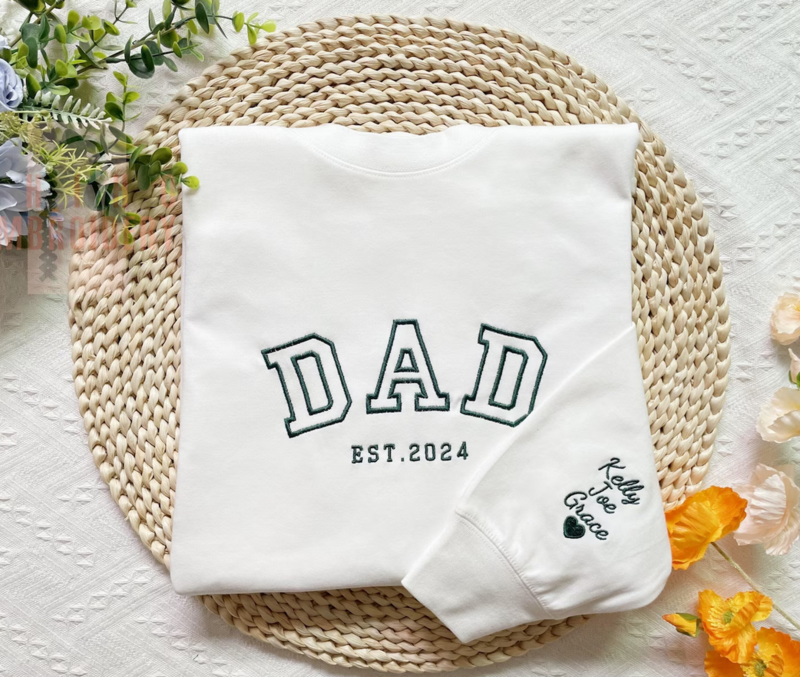 Custom Dad Embroidered Sweatshirt with Name, Date, and Heart on Sleeve | Daddy Est Year Shirt for New Dads | Father's Day Gift