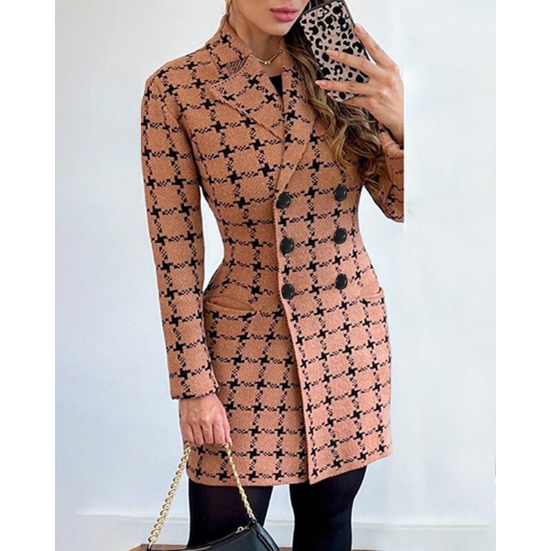 Casaco de lã xadrez de gola polo trespassado feminino, roupa nova, monocromática, outono, inverno, 2022