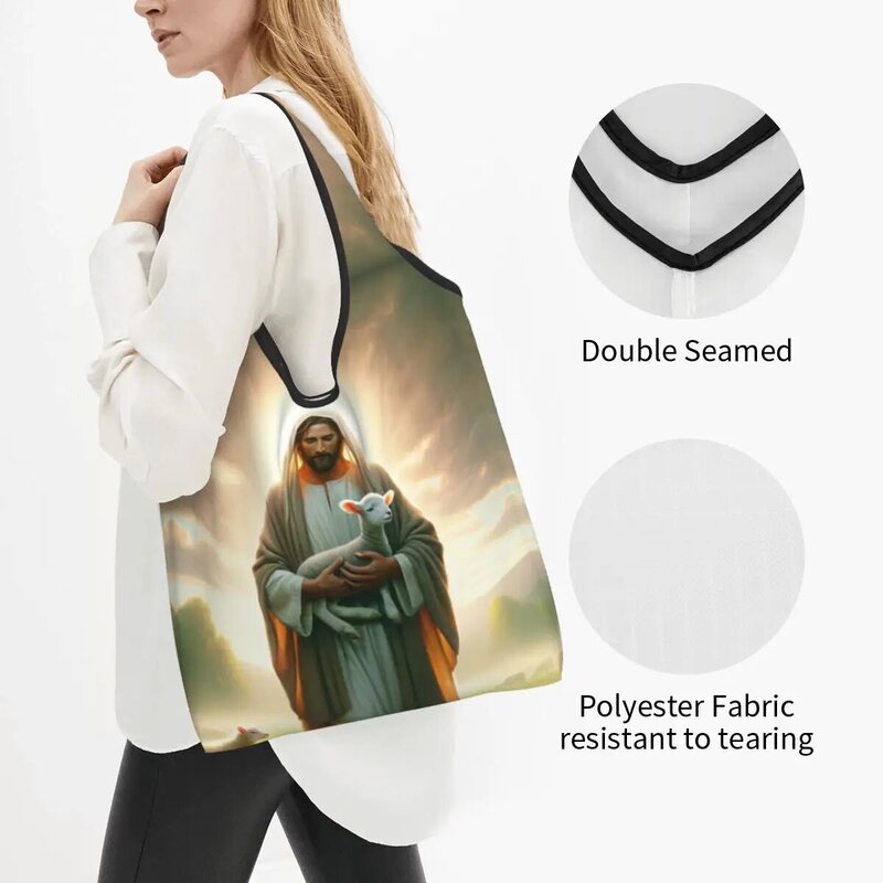 Duże torby na zakupy wielokrotnego użytku Baranek Boża Jezus Chrystus Recykling Składana religijna katolicka torba na zakupy św. Zmywalna