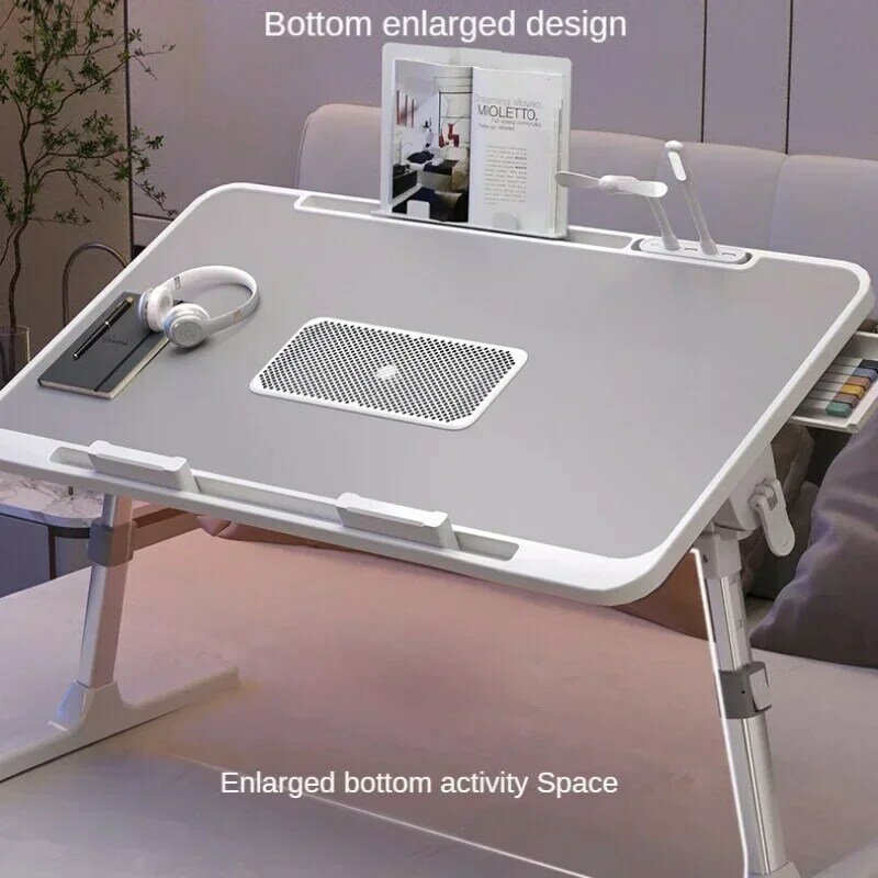 Meja Laptop angkat dapat dilipat, meja baki sarapan dengan laci untuk bermain game dan kerja, putaran dapat disesuaikan