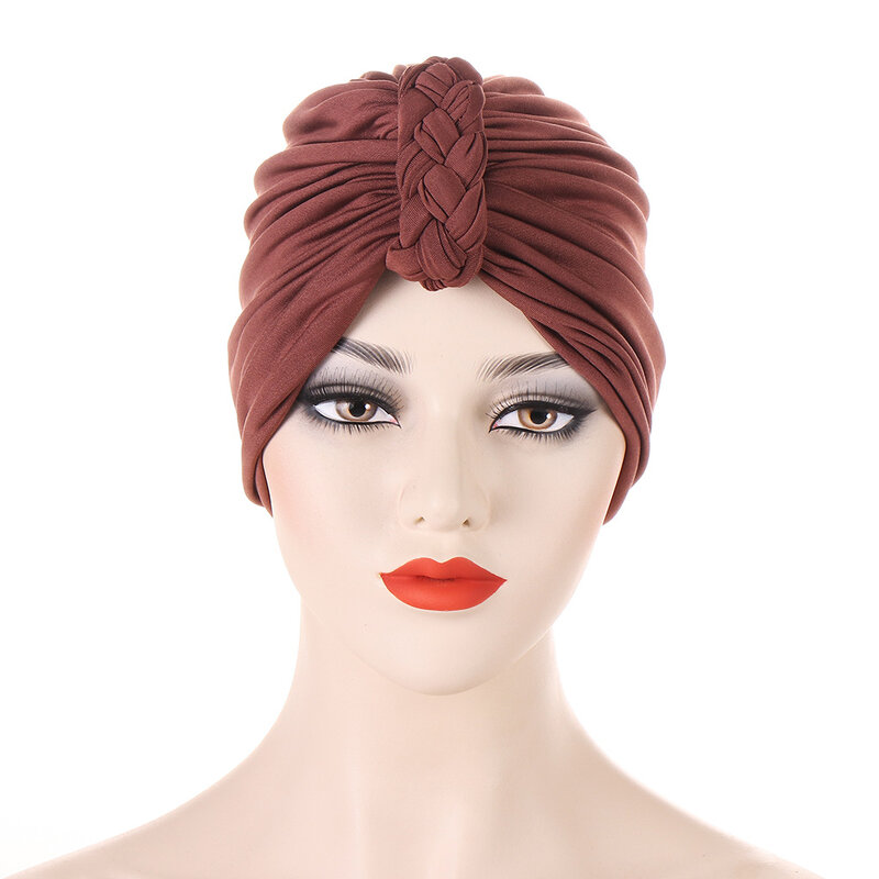 여성을 위한 유행 브레이드 터번 모자 일반 색상 이슬람 히잡 스카프 인도 아프리카 머리 랩 Turbante Mujer 머리 스카프 보닛