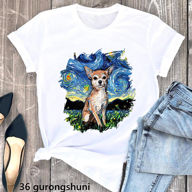 T-shirt imprimé nuit étoilée pour femme, Chihuahua, impression d'art de chien impressionniste, vêtements pour femmes, t-shirt blanc drôle, Harajuku Kawaii