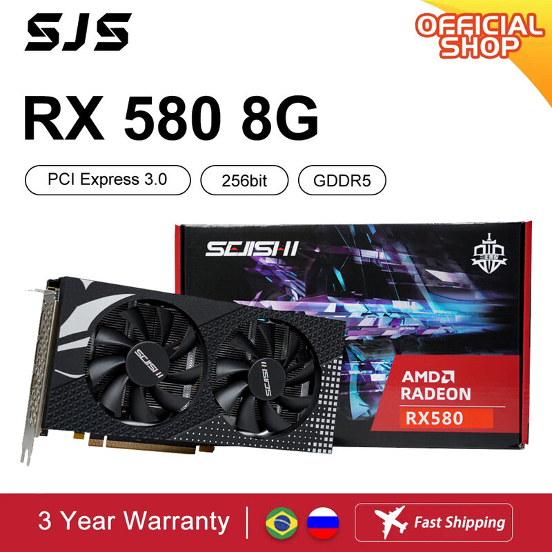 SJS-tarjeta de vídeo RX 580, 8G, 256Bit, 2048SP, GDDR5, AMD, GPU, para Gamer, Radeon, 8GB