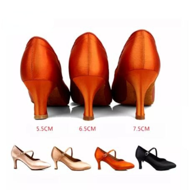 أحذية الرقص النسائية القياسية تان الساتان عالية الكعب المنخفض السيدات قاعة الرقص أحذية لينة تسولي أحذية الرقص الحديثة عالية الكعب