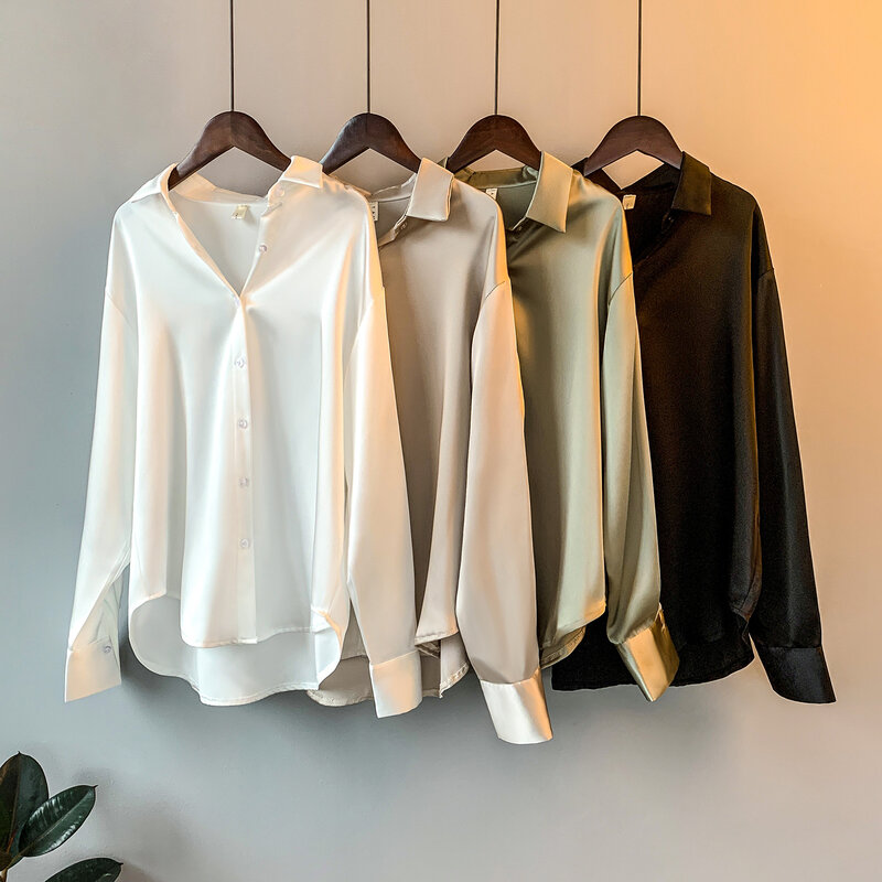 Блузка Женская атласная с длинным рукавом, однотонная драпированная офисная Роскошная рубашка с лацканами и пуговицами, весна 2024