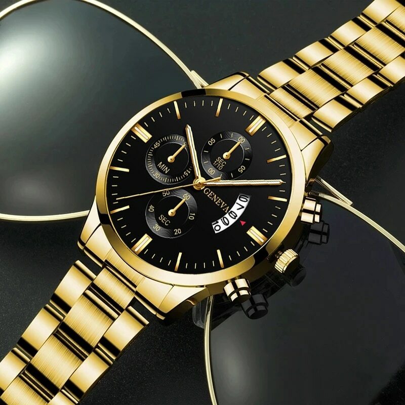 Reloj de pulsera de cuarzo para Hombre, cronógrafo de acero inoxidable dorado, con calendario de lujo, para negocios, a la moda, 2023