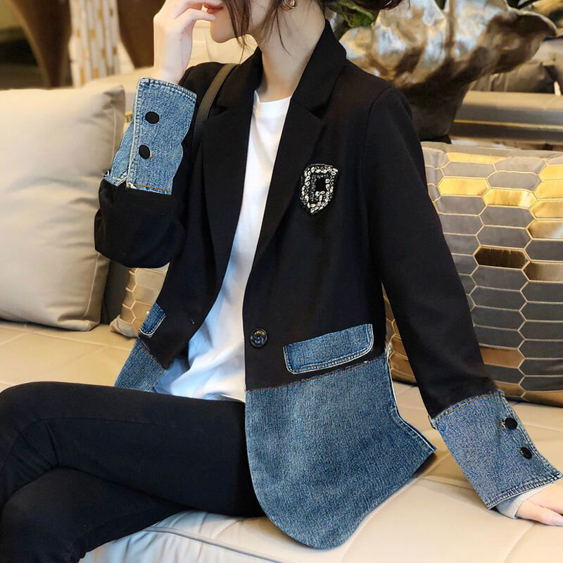 Autumn Winter Casual Fashion Denim Patchwork Blazers Ladies Harajuku Y2K Embroidery All-match Coat Women's Jacket Outwear Top
