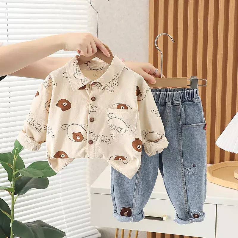 Wiosenny jesienny zestaw ubrań dla chłopców z pełnym nadrukiem Cartoon Bear Shirt + 2 szt. Kombinezon dla dzieci strój dla dzieci w wieku 1-5 lat