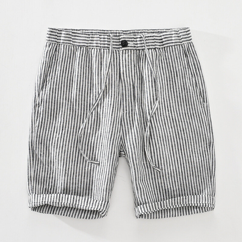 Pantalones cortos a rayas para hombre, Shorts informales de lino puro con cintura elástica y botones, estilo japonés, novedad de verano 2022