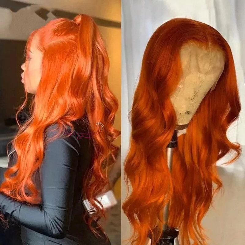 زنجبيل برتقالي HD دانتيل أمامي باروكات للنساء ، شعر بشري ، مموج الجسم ، 13x4 ، 4x4 ، باروكة دانتيل شفافة