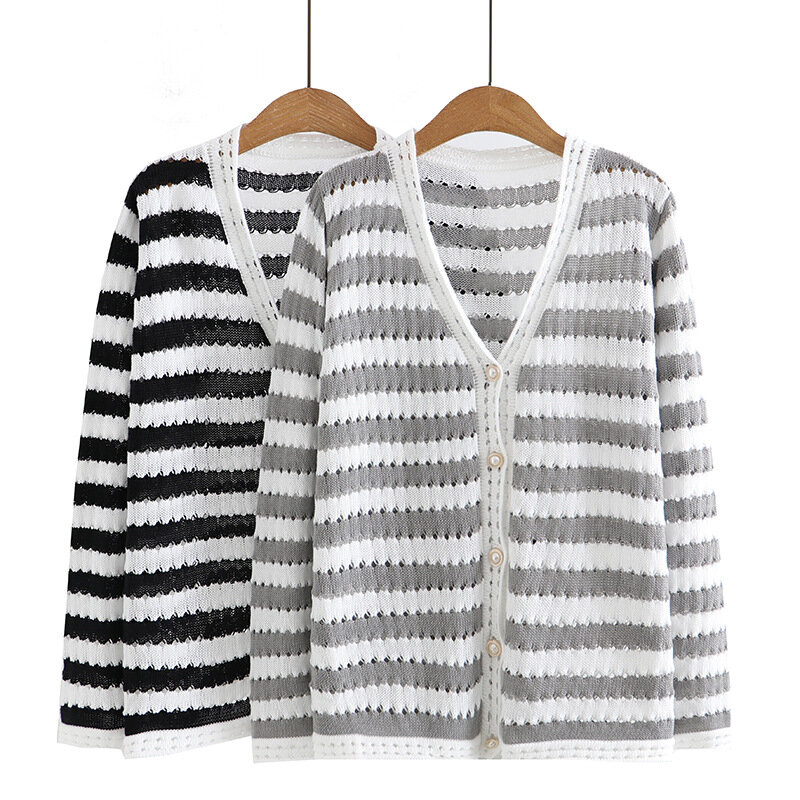 3XL Plus Size Mercerized Cotton Knit Cardigan Women Autumn Hollow Out V-Neck Jumper Fashion Vintage Stripe Splicing Sweater