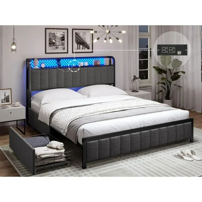 Marco de cama con cabecero de almacenamiento y salidas, plataforma de Metal con 4 cajones de almacenamiento y cabecero de luces, Bases de cama gris