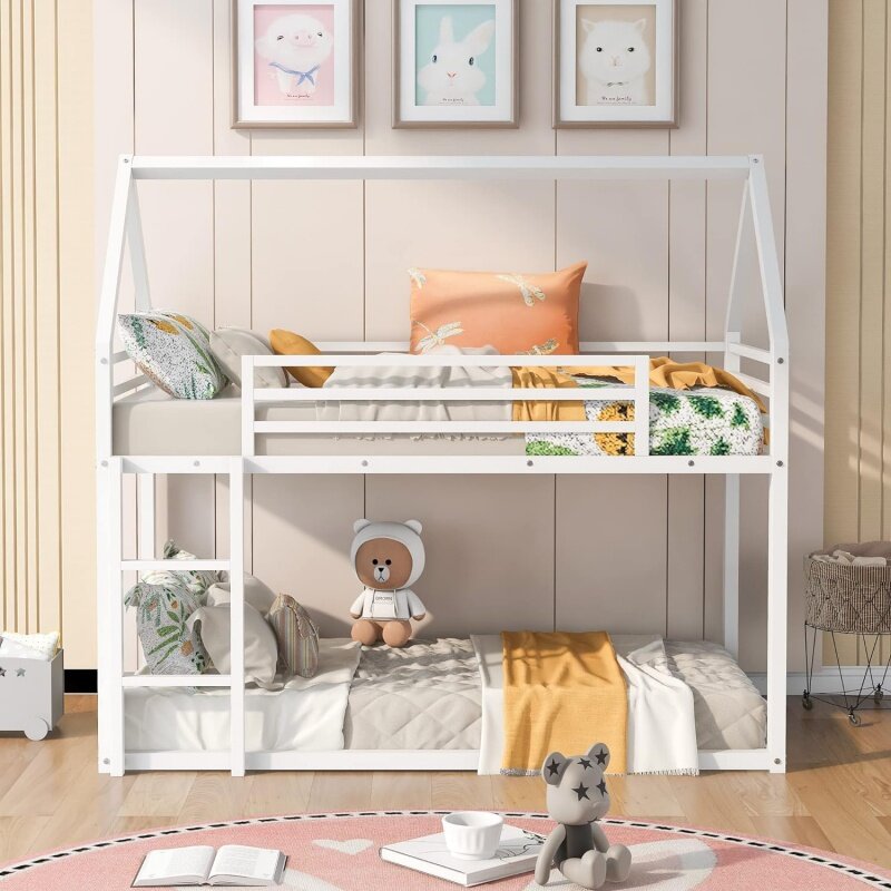 Twin Over Twin Bunk Bed for Kids, Metal House Shaped Bunk Beds w/Ladder & Safety Guardrail, No Box Spring Needed, White