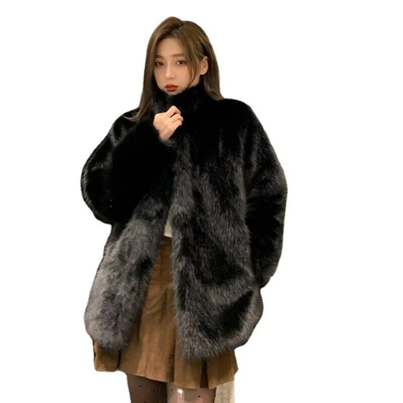 女性のミッドレングススタンドカラーのファーコート、イミテーションブラック、3つのボタン、厚くされた暖かい、環境保護、単色、冬