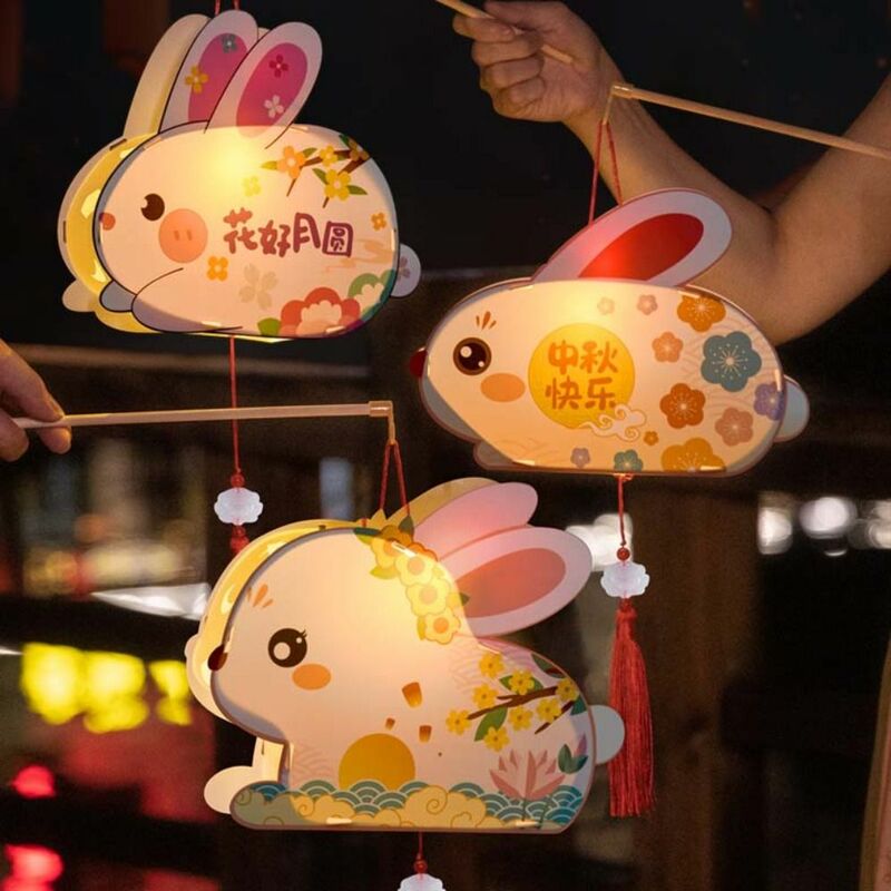โคมไฟกระต่ายหยกรูปกระต่ายโคมไฟ DIY แบบแผ่นเรืองแสงวัสดุโคมไฟรูปทรงกระต่ายสไตล์โบราณพกพาได้