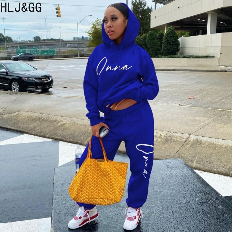 HLJ&GG Autumn Winter Casual Letter Printing Hooded Tracksuits Women Long Sleeve Sweatshirt + Jogger Pants Two Piece Sets Outfits