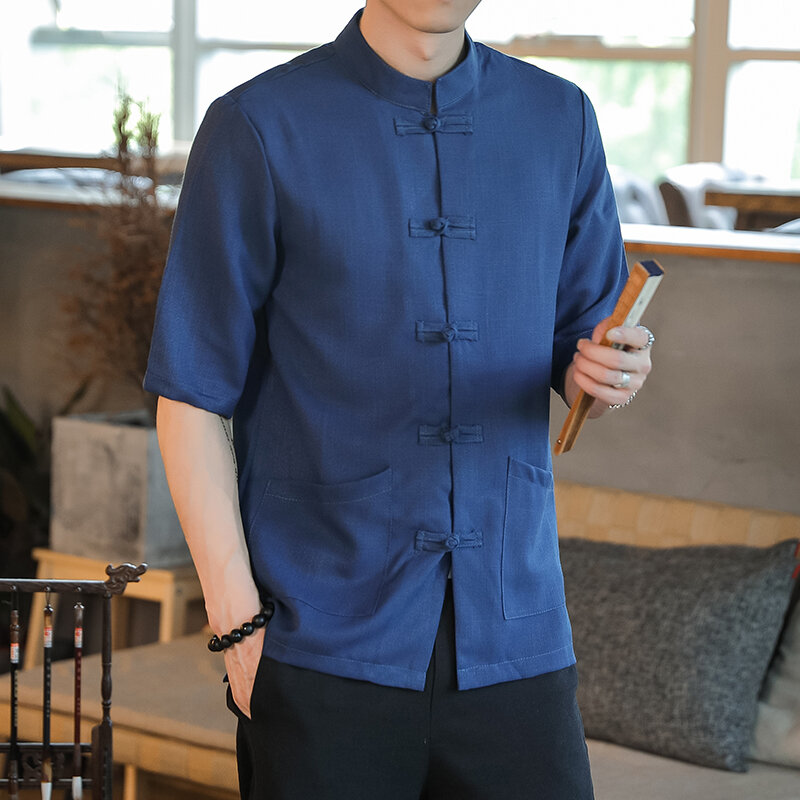 Camisa de Hanfu estilo tradicional retrô chinês masculino, tops de linho sólido de alta qualidade, camisa de fivela masculina com mostrador de manga média, tops masculinos