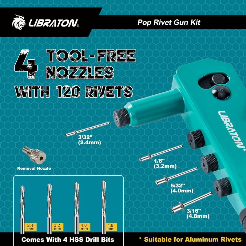 Kit Libraton Rivet Gun, ferramenta de rebitagem manual para serviço pesado com 120 rebites cegos, 4 brocas HSS, 4 cabeças intercambiáveis sem ferramentas