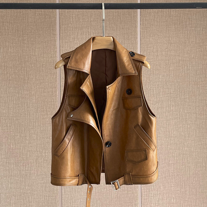 Brown Vintage Motorcycle Biker Man Leather Vest Women's Sheepskin Vest Suit Collar Leather Vest