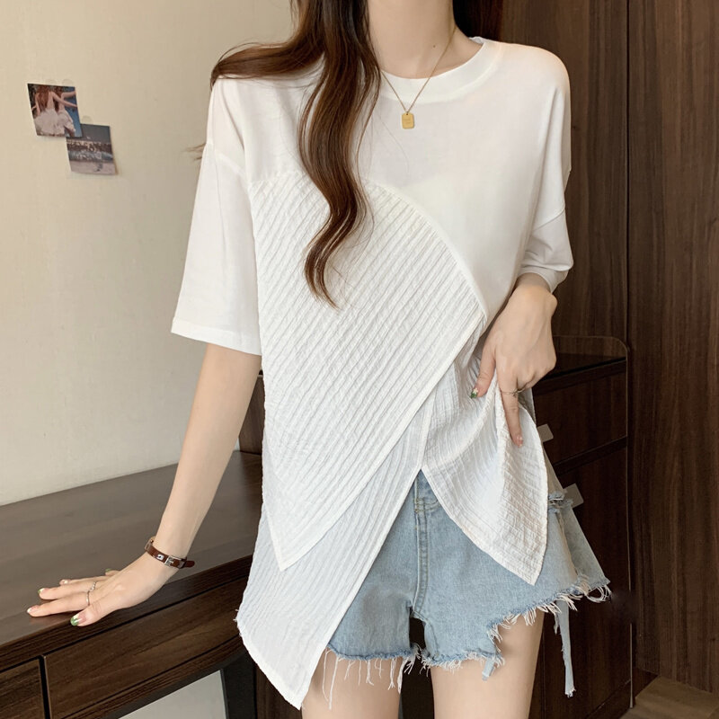 Damen bekleidung Mode unregelmäßiges T-Shirt asymmetrisch gespleißt Sommer koreanische Kurzarm einfarbig lässig O-Ausschnitt Pullover