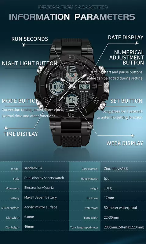 Sanda-Relógio de pulso digital multifuncional masculino, relógio despertador multifuncional à prova d'água, tela dupla, luz noturna, 6167, 2023, novo