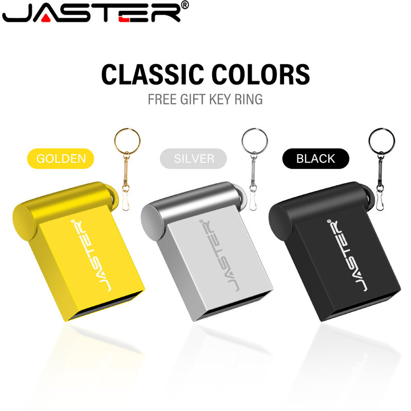 JASTER-Mini Metal USB Flash Drive, 64GB, Gold Pen Drive, 32GB, Free Keychain, Memory Stick, 16GB, Unidade Externa, Presente do negócio, 8G