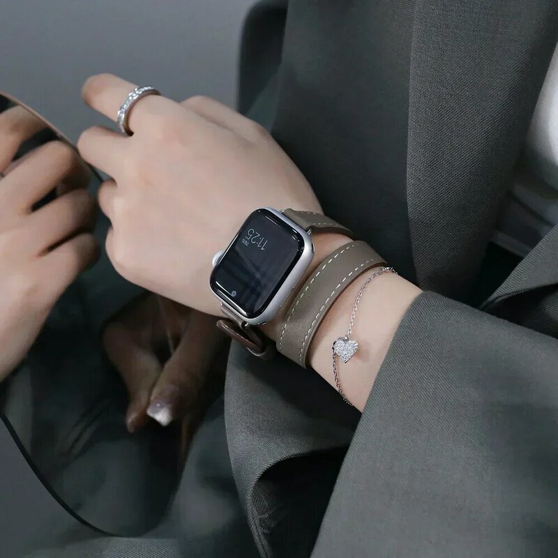Correa de cuero de doble recorrido para Apple Watch Ultra2, 45mm, 42mm, 44mm, serie 7, 6, Se, 5, 4, 3, 2, Iwatch 6, 38mm, 40mm, Correa de moda