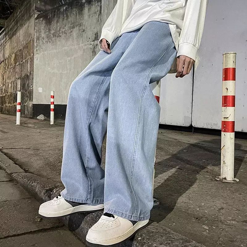 Pantalones vaqueros holgados de moda coreana para hombre, cintura elástica, Color clásico Olid, pierna recta, pierna ancha, azul claro, gris, negro