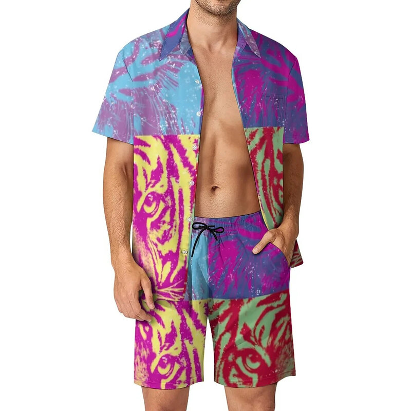 Colorblock Shirt 2Pcs Suit 3D print Shirts Beach Shorts Oversized 2Pcs Short sleeve Vacation Hawaiian trend Streetwear Man Suits