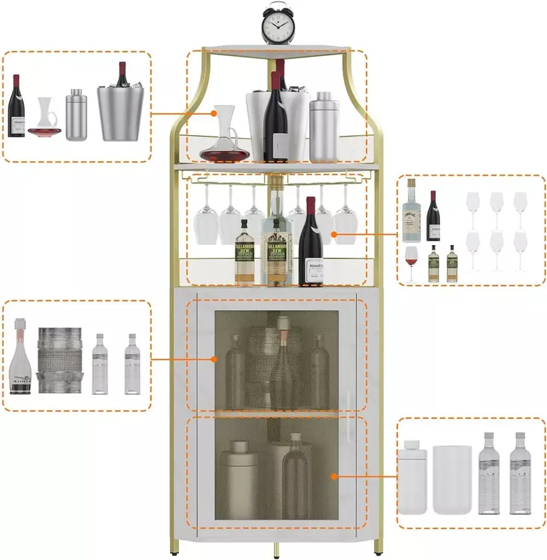 ตู้บาร์ไวน์เข้ามุมพร้อมลิ้นชักพร้อมที่ใส่แก้วตู้เล็กและประตูตาข่ายบุฟเฟ่ต์สำหรับเหล้าและแว่นตาสีทอง
