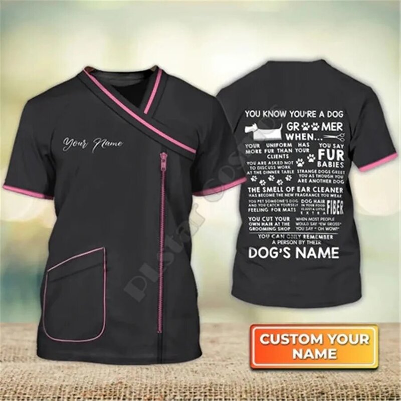 Nails Tails Dog Groomer Pet Groomer Uniform Pink Salon Pet Custom Name 3D Printed t shirts Streetwear Men/Women Short Sleeve