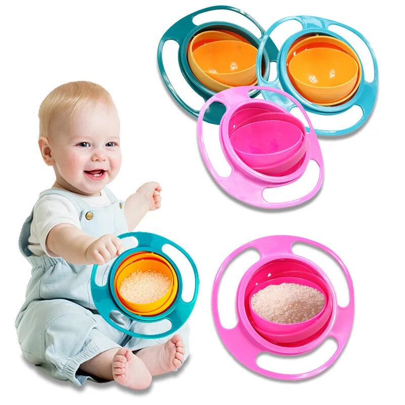 Mangkuk makan bayi Universal, mangkuk Gyro rotasi 360 derajat, tahan tumpahan, piring makan untuk latihan bayi