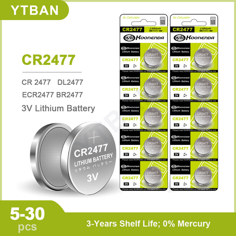 Pile bouton au lithium pour voiture, télécommande, carte mère, montre, DL2477, ECR2477, KCR2477, pièces de monnaie, CR2477, 3V, 5-30 pièces