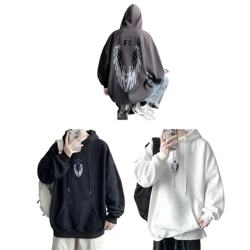 Men Hip Hop Style Sweatshirt Hooded Drawstring Long Sleeve Front Pocket Hoodie Wing Print Loose Fit Sport Pullover Tops