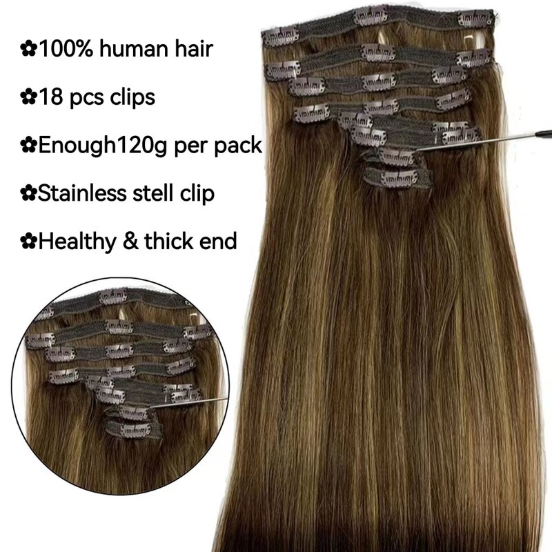 Clip In Hair Extensions Human Hair Brazilian Straight Clip In 8 Pcs/Set #4/27 Highlight Color Clip Ins Remy Hair 8-26 Inch 120G
