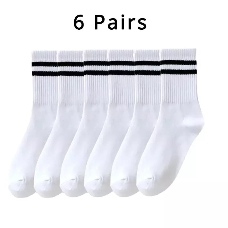Calcetines sencillos de algodón para hombre y mujer, calcetín deportivo de tubo medio, suave, transpirable, a rayas, color blanco y negro, ideal para las cuatro estaciones, 6 pares
